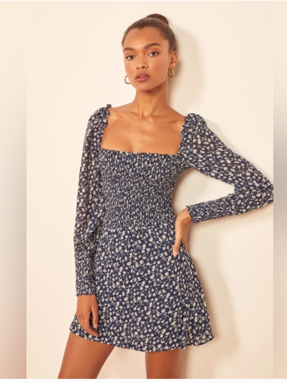 Reformation Kelli Smocked Bodice Fit & Flare Mini Dress Navy Blue White Size M